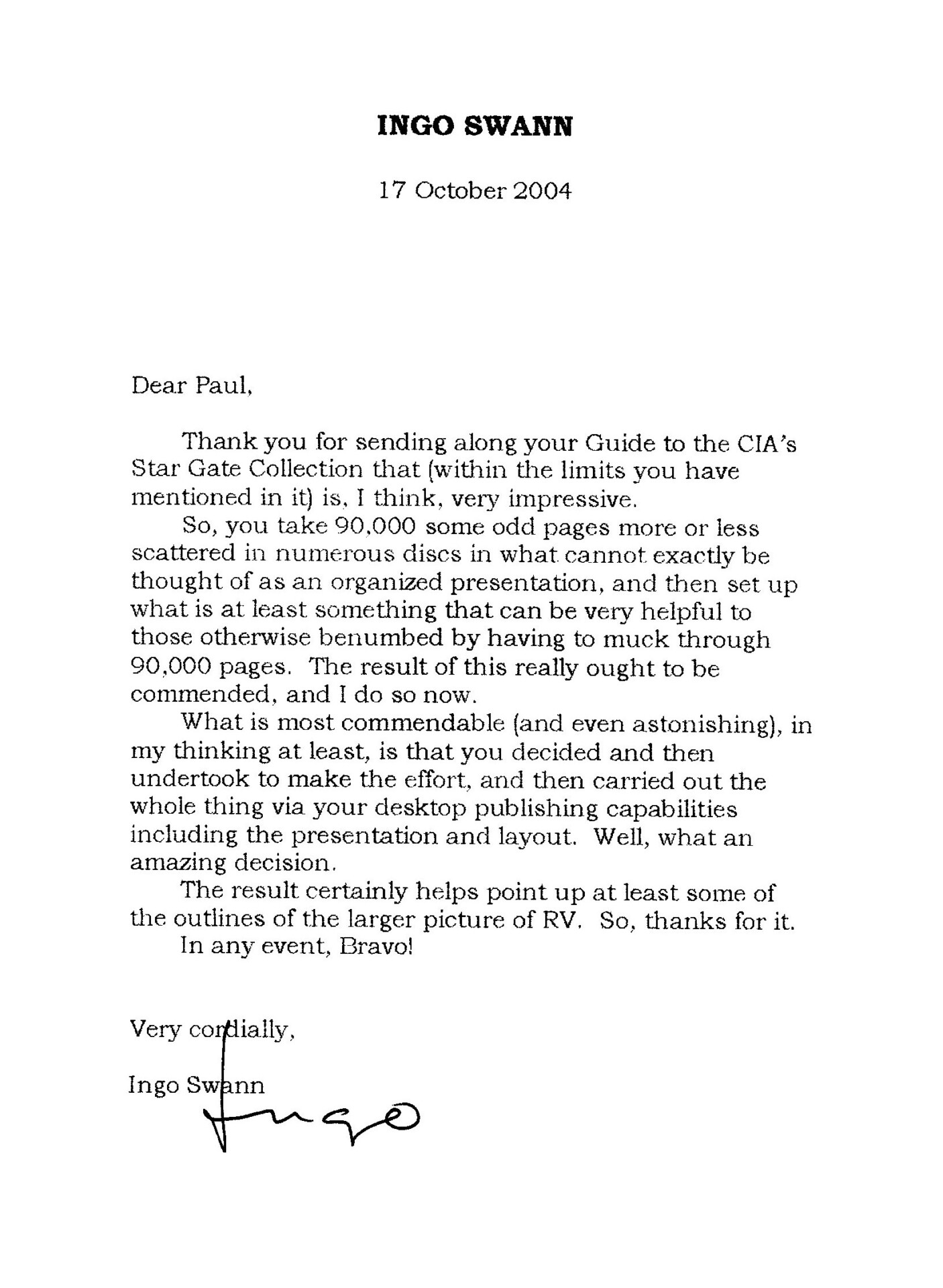 Letter from Ingo Swann to Paul H. Smith, Oct 17, 2004